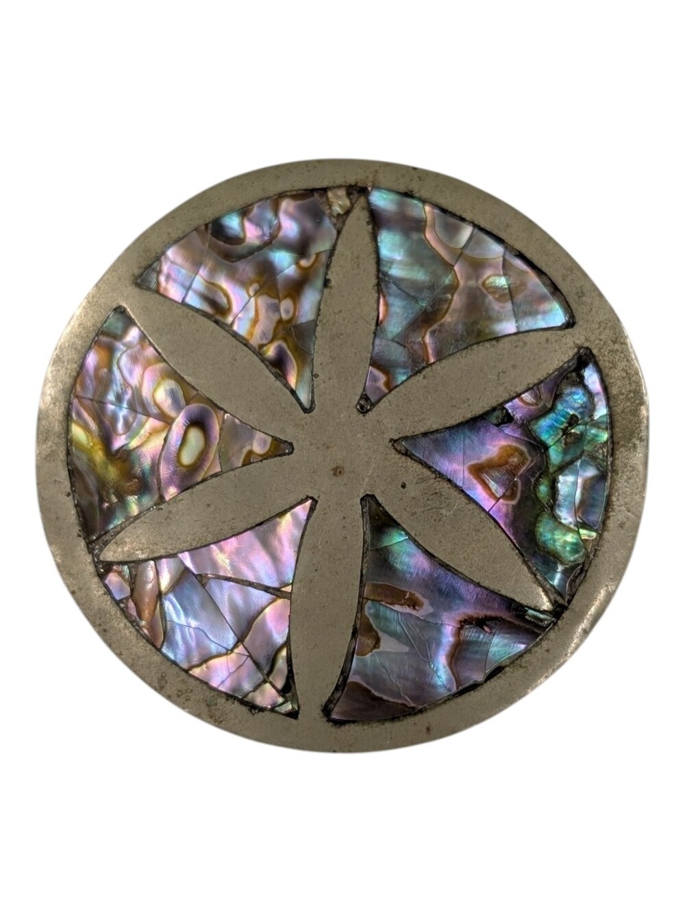 Vintage Alpaca Mexico Round Abalone Shell Inlay Pendant With Star Motif